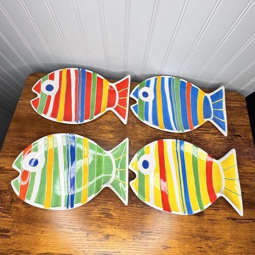 4 Fish Shaped Figural Salad Dessert Dinner Bread Plates Colorful MCM Flowers Inc